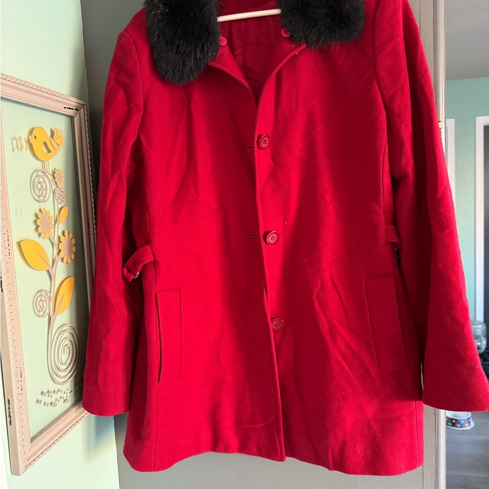 Kristen Blake Red Pea Coat with Black Collar
